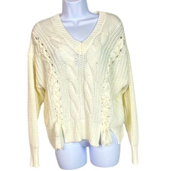 Chunky Knit Cream Cable Knit Sweater V Neck with Lace-Up Side Details - Picture 1 of 13